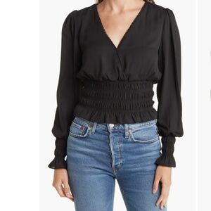 WAYF Smocked Romantic Long Sleeve V-neck Top X-Small in BLACK